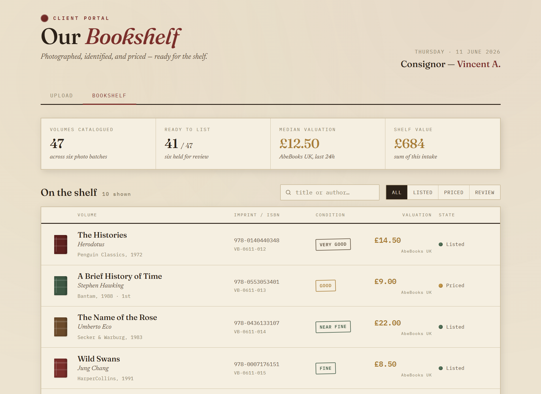 The finished bookshelf — every book identified, priced and ready to list