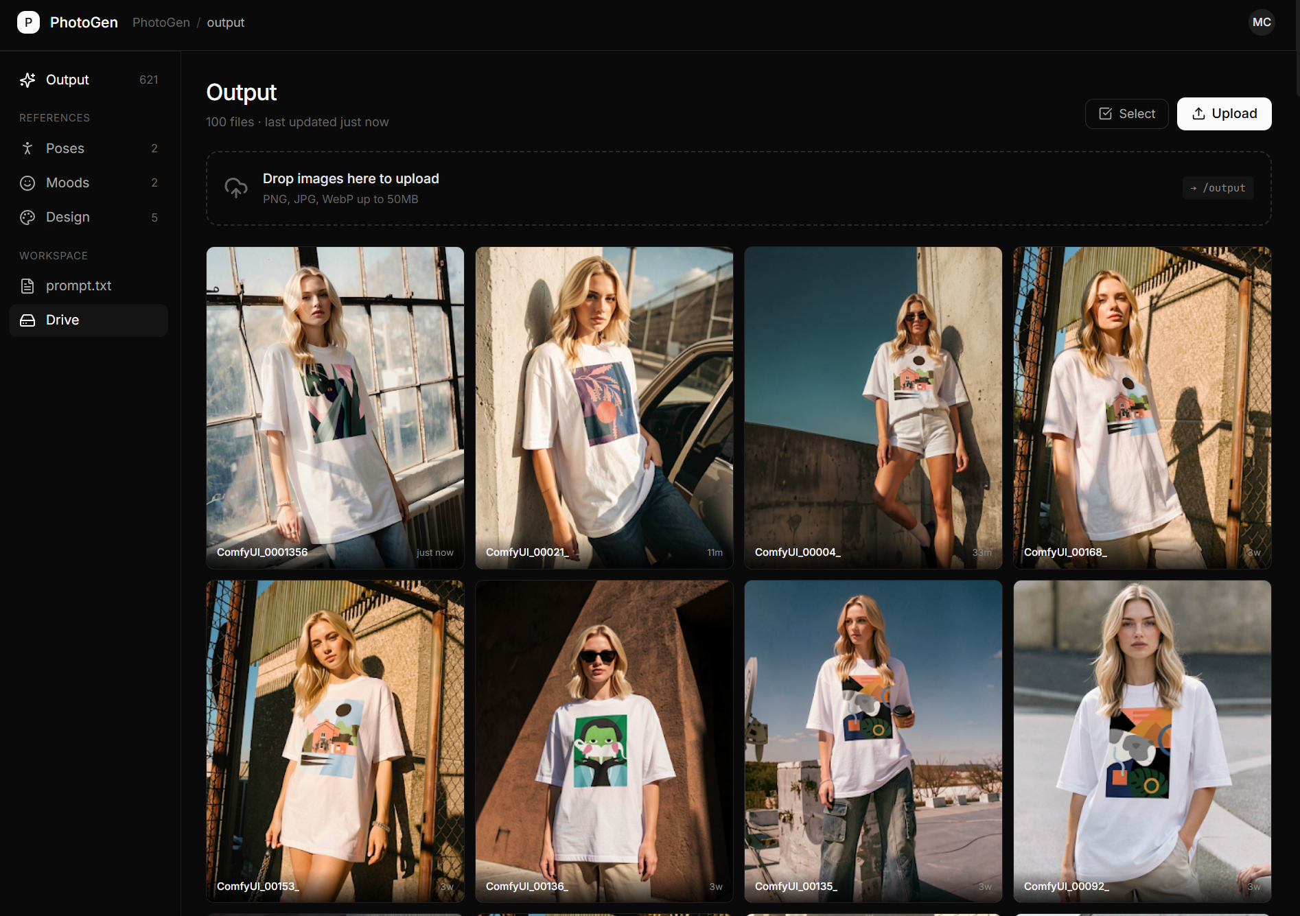 A finished set of on-model campaign images, generated from three references