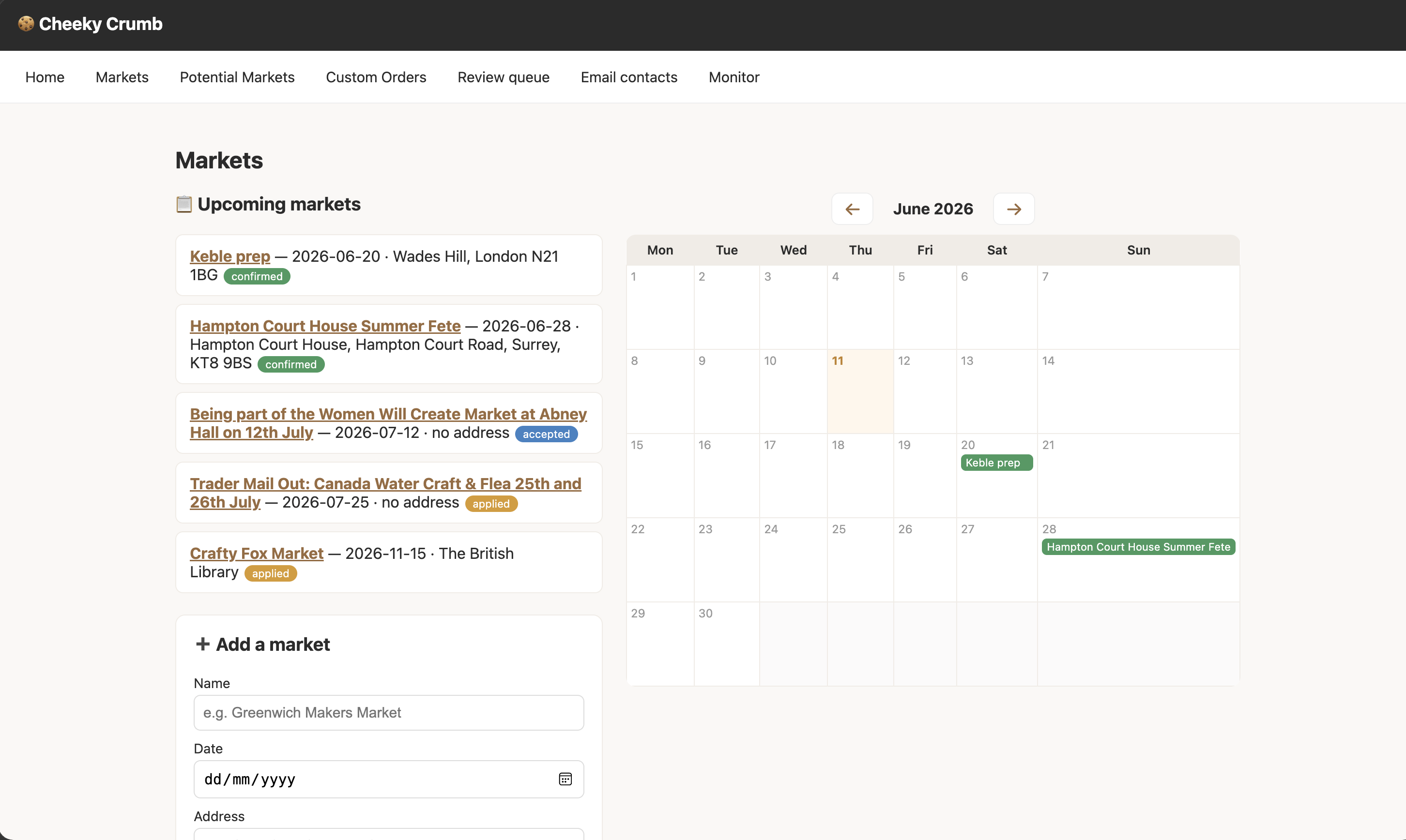 An organiser dashboard — every market a managed project, on a calendar